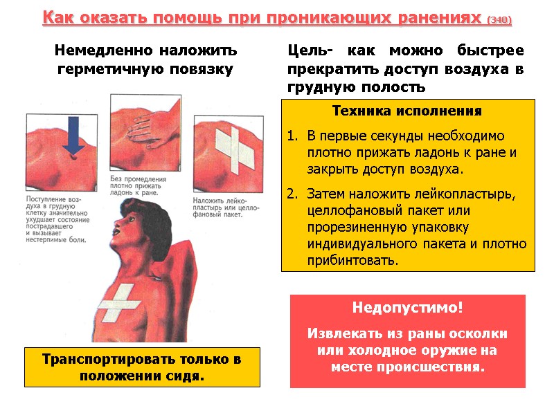 Как оказать помощь при проникающих ранениях (340) Немедленно наложить герметичную повязку   Цель-